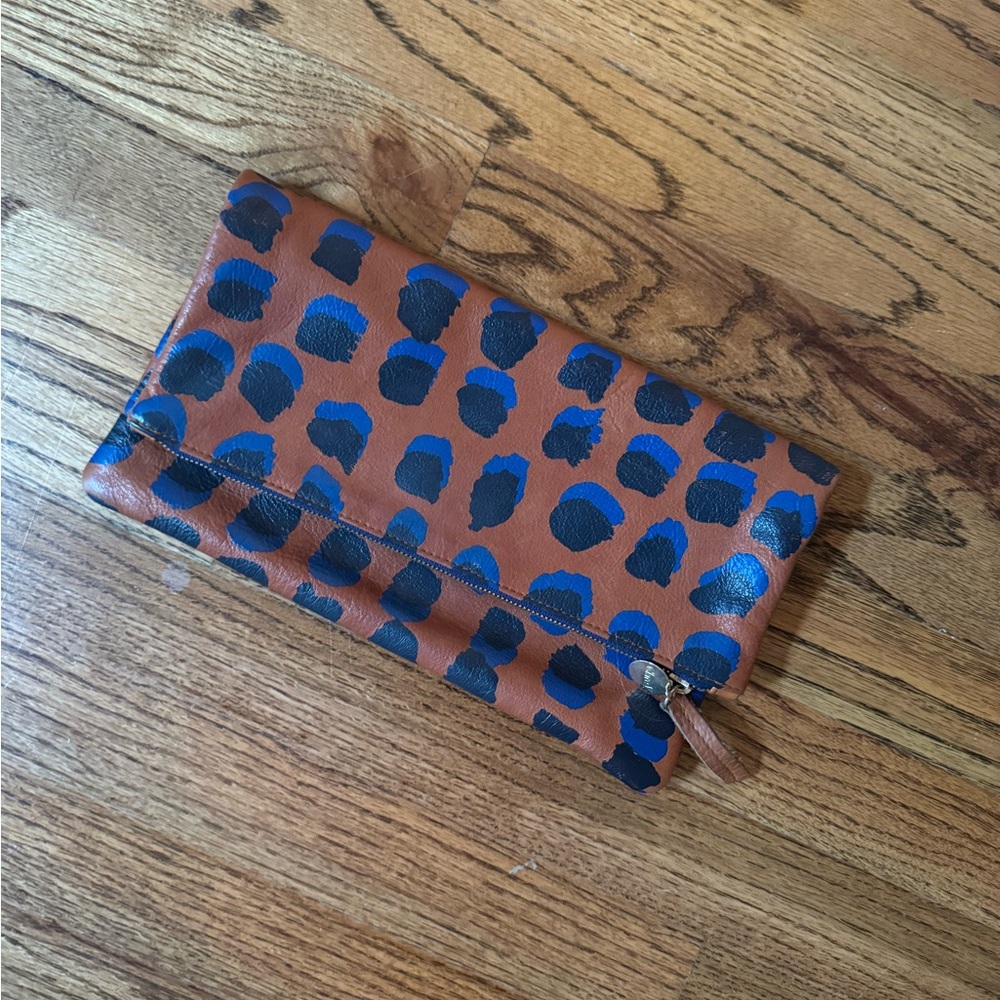 Clare V Brown Leather Clutch with Navy Spot Print - Picture 2 of 2
